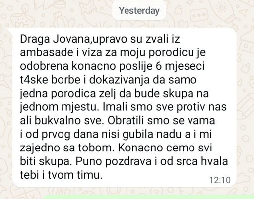 WhatsApp poruka klijentkinje: viza za porodicu odobrena posle šest meseci, „od prvog dana nisi gubila nadu".