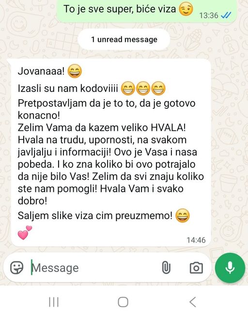 WhatsApp poruka klijentkinje: „Izašli su nam kodovi, hvala na trudu, upornosti i svakom javljanju. Ovo je Vaša i naša pobeda."