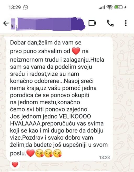 WhatsApp poruka klijentkinje: vize su konačno odobrene, „jedna porodica će se ponovo okupiti na jednom mestu".