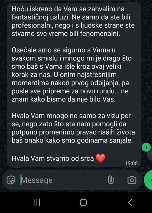WhatsApp poruka klijentkinje: posle prvog odbijanja i nove pripreme, „pomogli ste nam da potpuno promenimo pravac naših života".