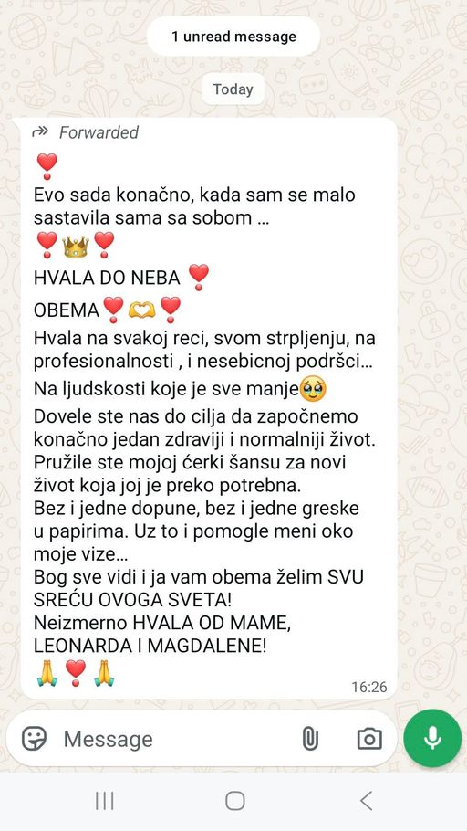WhatsApp poruka klijentkinje: „Dovele ste nas do cilja da započnemo zdraviji i normalniji život, bez ijedne dopune, bez ijedne greške u papirima."