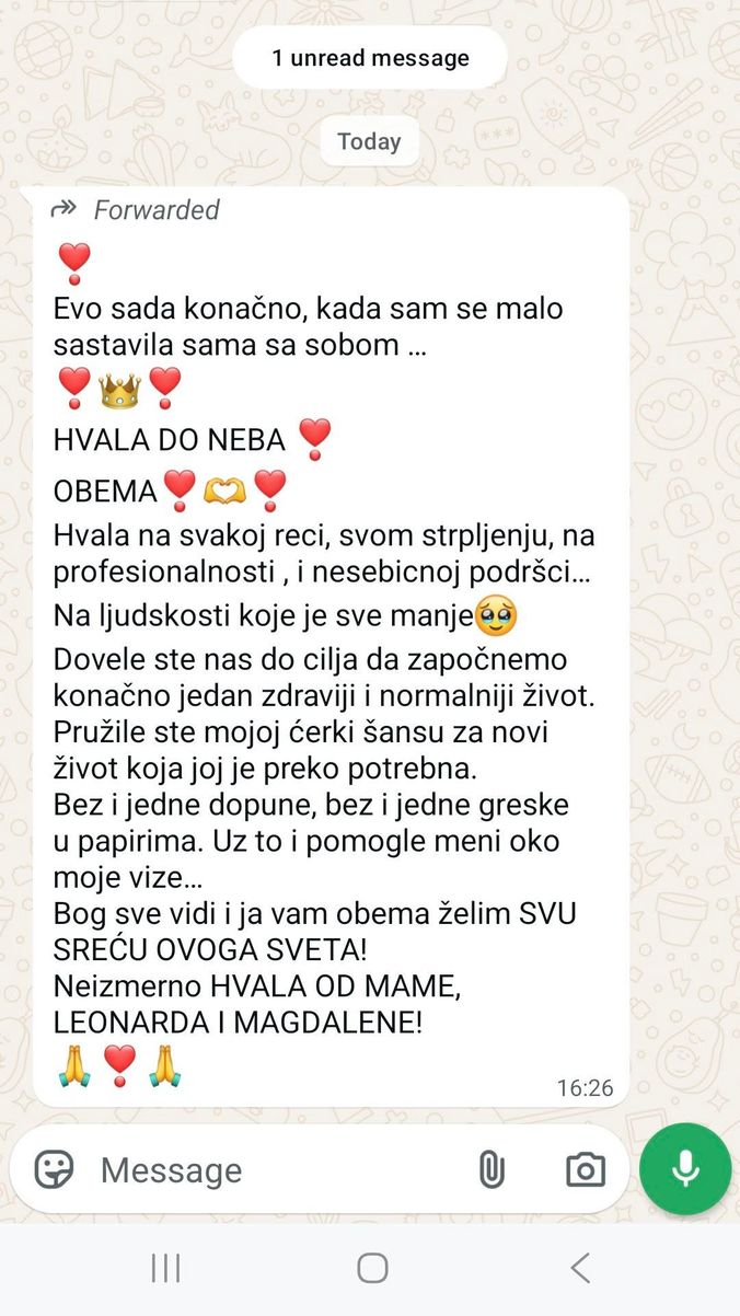 WhatsApp poruka klijentkinje: „Dovele ste nas do cilja da započnemo zdraviji i normalniji život, bez ijedne dopune, bez ijedne greške u papirima."