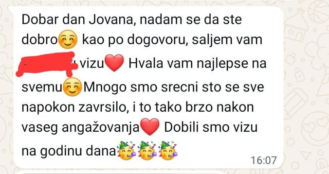 WhatsApp poruka klijenta: „Dobili smo vizu na godinu dana, hvala vam najlepše na svemu."