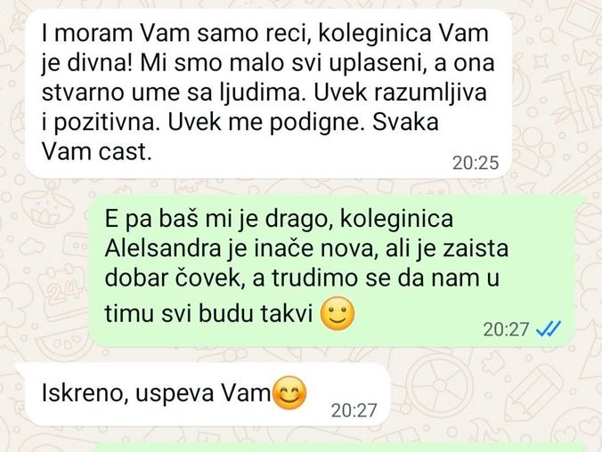 WhatsApp poruka klijenta o prvom kontaktu: „koleginica Vam je divna, uvek razumljiva i pozitivna".