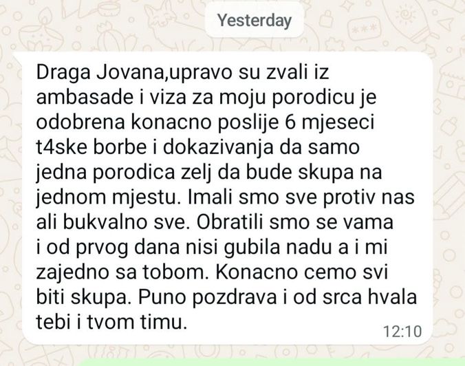 WhatsApp poruka klijentkinje: viza za porodicu odobrena posle šest meseci, „od prvog dana nisi gubila nadu".