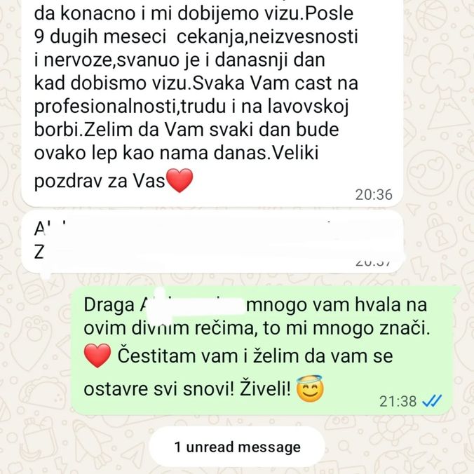 WhatsApp poruka klijentkinje: viza dobijena posle devet meseci čekanja, „svaka Vam čast na profesionalnosti, trudu i lavovskoj borbi".