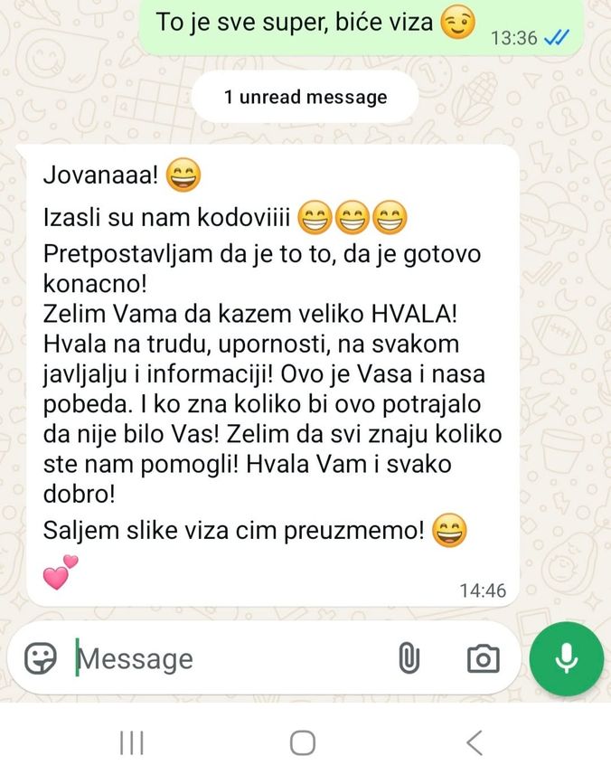WhatsApp poruka klijentkinje: „Izašli su nam kodovi, hvala na trudu, upornosti i svakom javljanju. Ovo je Vaša i naša pobeda."